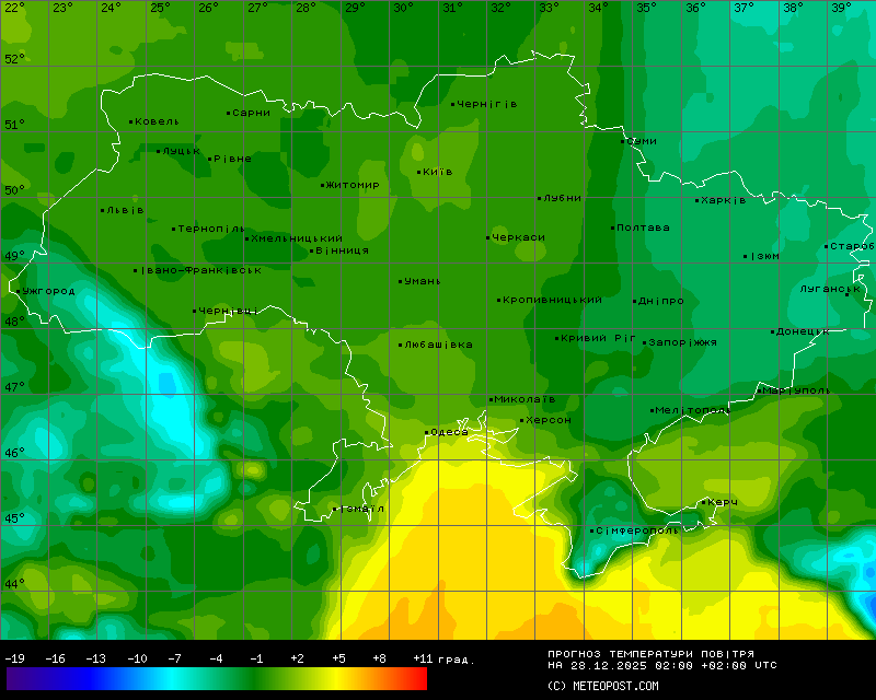Температуры в Украине 28 декабря 2025 года