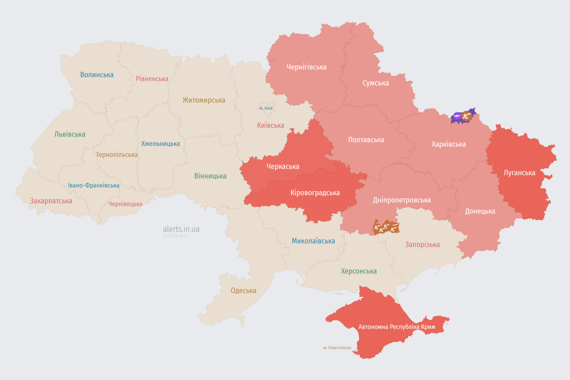 Мапа повітряної тривоги в Україні сьогодні, 21 травня