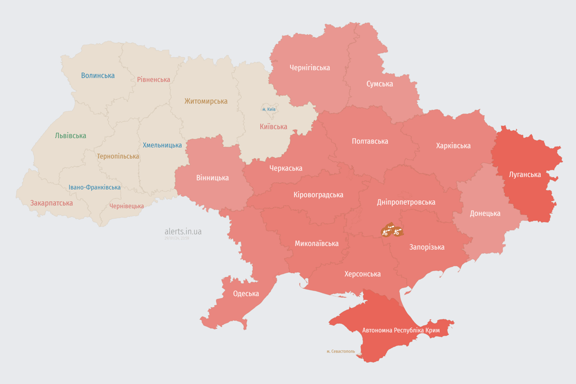 Карта воздушной тревоги в Украине сегодня, 30 января