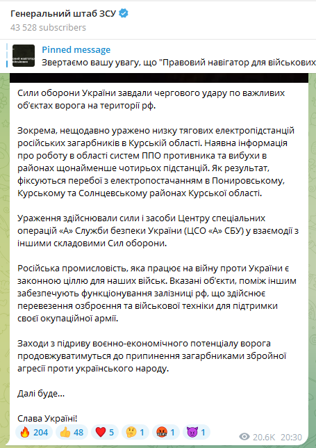 ЗСУ завдали удару по російських електропідстанціях