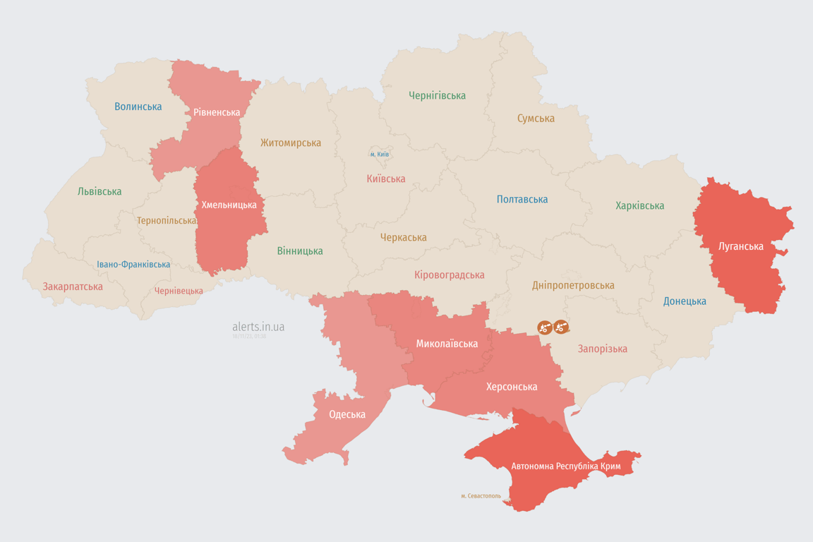 Мапа повітряних тривог в Україні сьогодні, 18 листопада