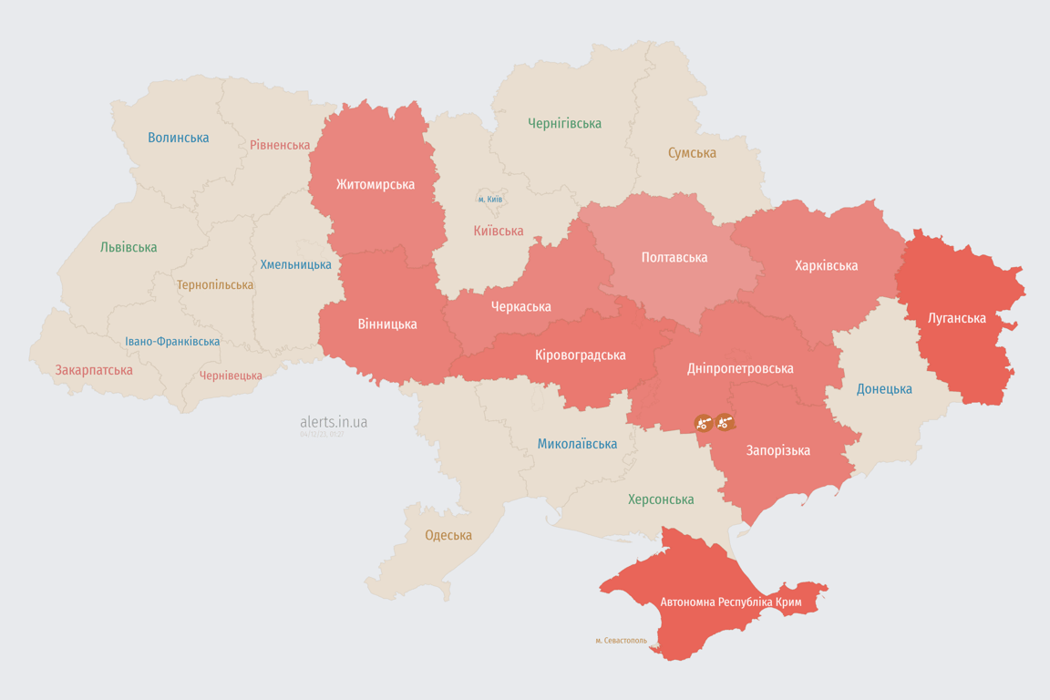 Мапа повітряних тривога в Україні сьогодні, 4 грудня