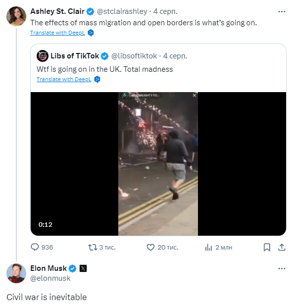 Гражданской войны не миновать — Илон Маск об антимигрантских беспорядках в Великобритании - фото 1