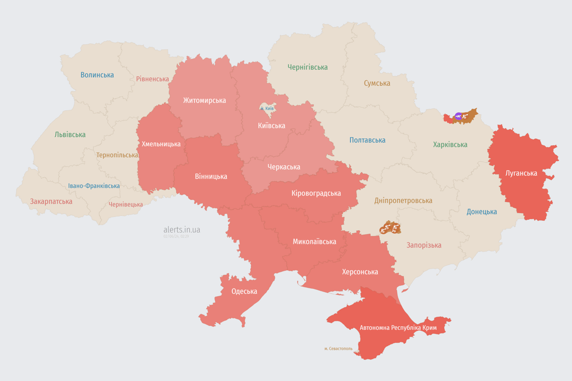 Мапа повітряної тривоги в Україні в ніч проти 2 червня