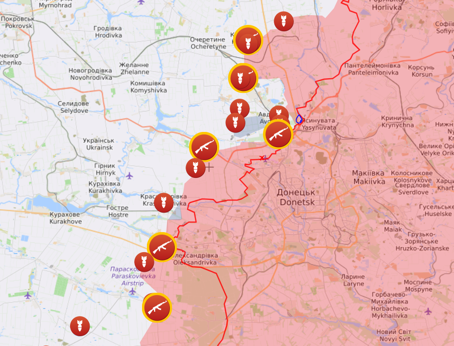 Карта боевых действий на Авдеевском и Марьинском направлениях от Liveuamap