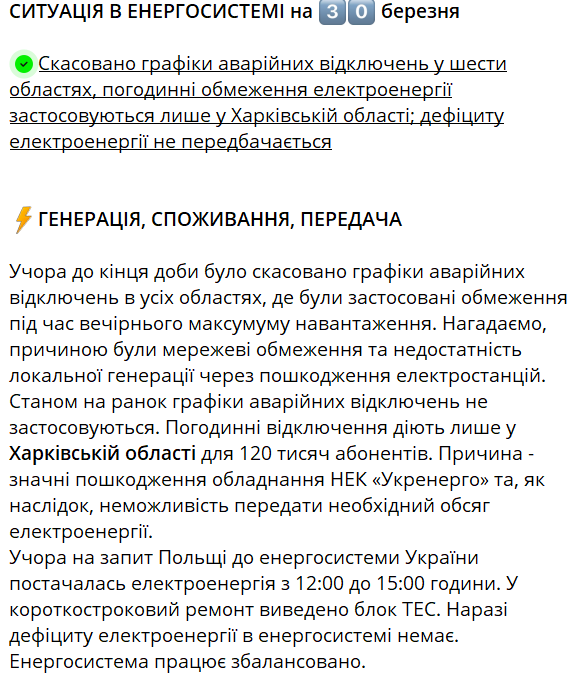 енергетика 30 березня