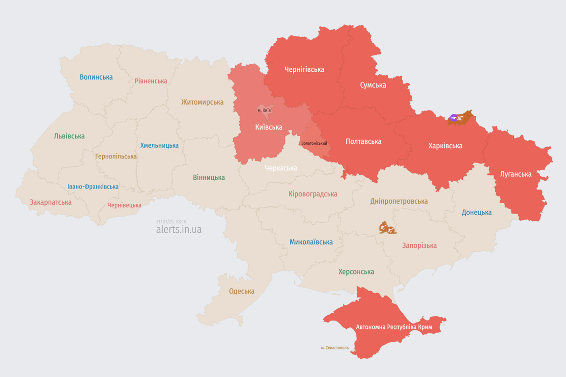 Карта повітряних тривог 31 січня
