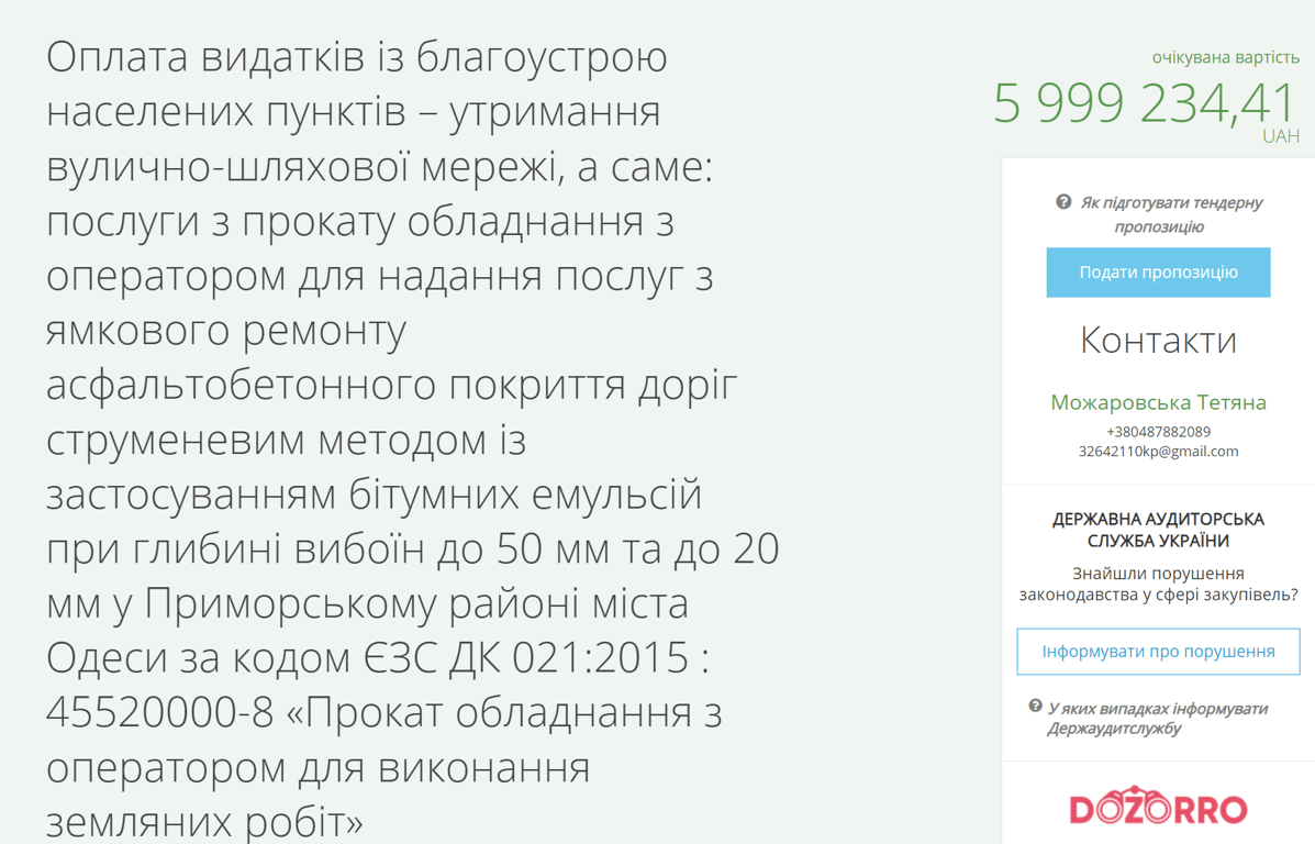 Тендер на ремонт доріг в Одесі
