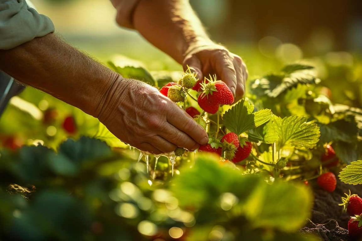 Дачник, собирающий клубнику на огороде