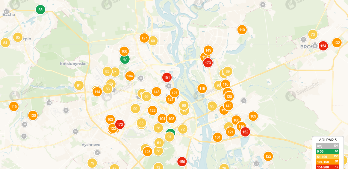 Яка якість повітря у Києві 21 березня - карта забруднень