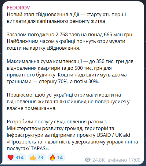 Скриншот сообщения из телеграмм-канала министра цифровой трансформации Украины Михаила Федорова