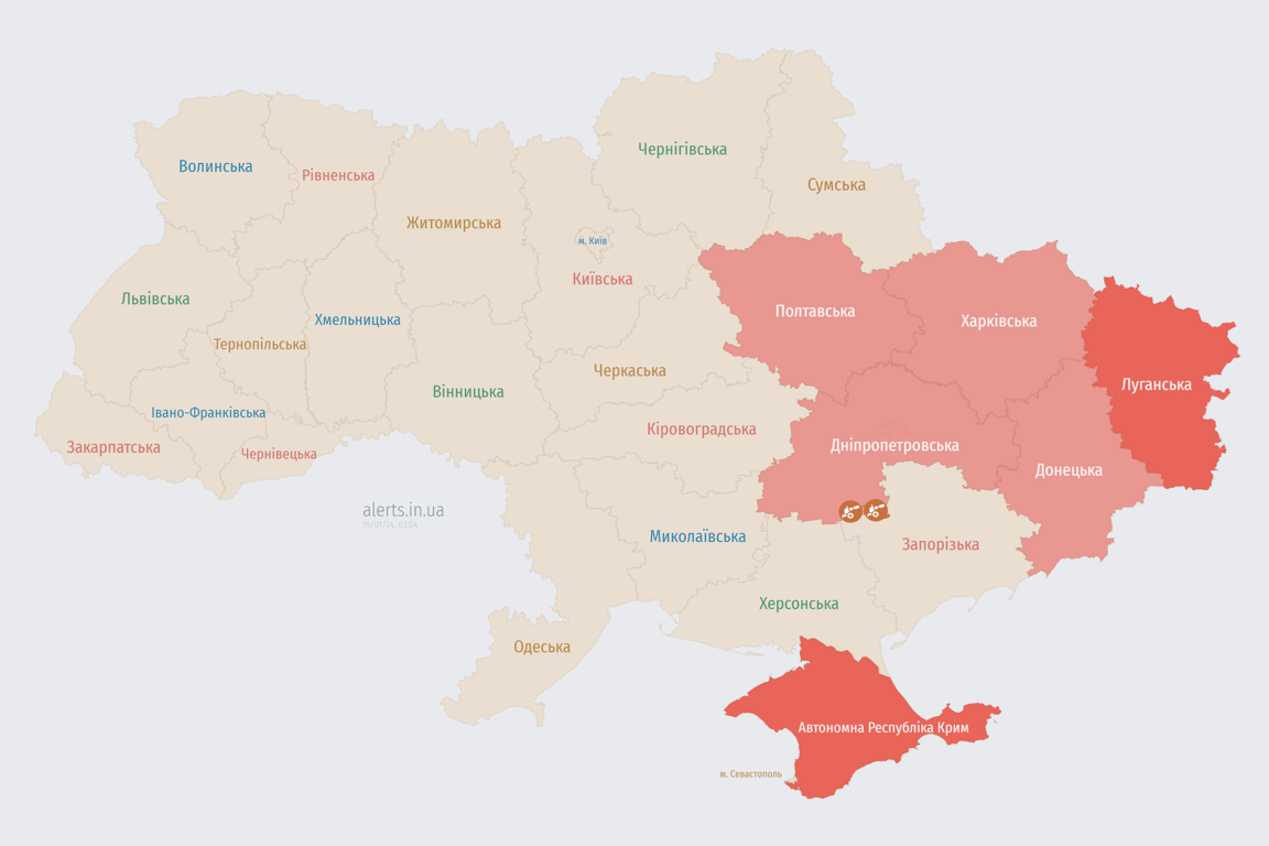 Карта воздушных тревог в Украине сегодня, 19 января