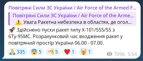 Скриншот повідомлення з телеграм-каналу "Повітряні сили ЗС України"