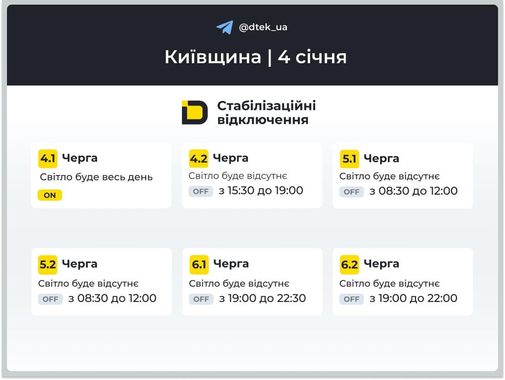 Графіки відключень світла в Київській області 4 січня