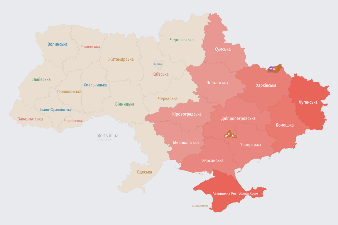 Мапа повітряної тривоги в Україні сьогодні, 13 червня