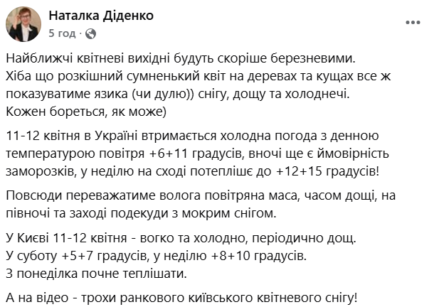 Наталка Діденко дала прогноз погоди на 11-12 квітня