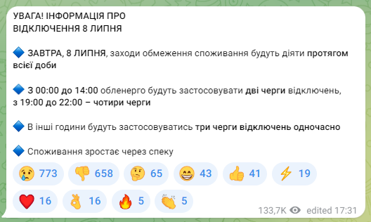 Допис Укренерго. Фото: скриншот