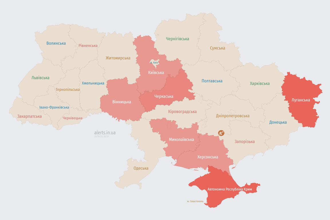 Мапа повітряних тривог в Україні сьогодні, 25 жовтня