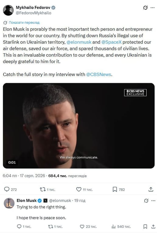 Маск прокоментував важливість Starlink для Украхни