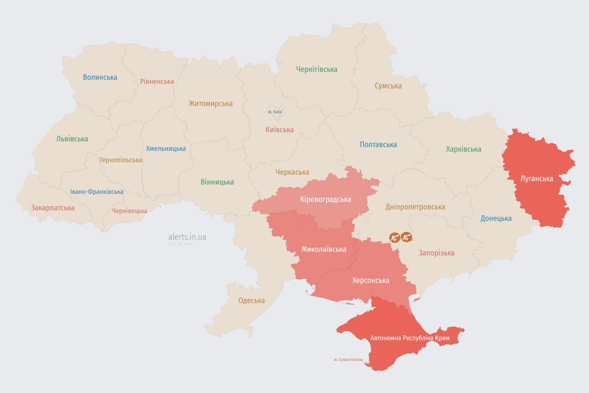 Мапа повітряних тривог в Україні станом на сьогодні, 13 листопада