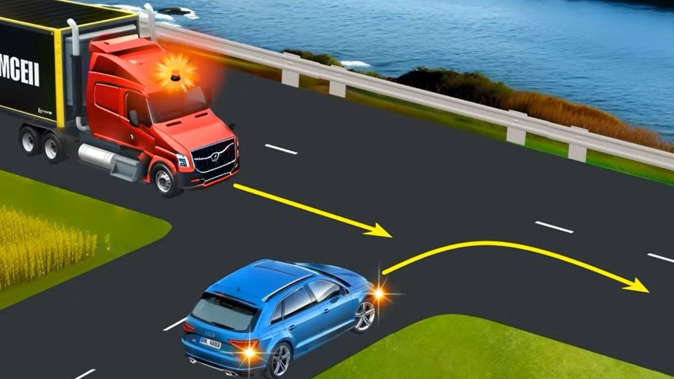 Тест по ПДД: коварная ситуация на перекрестке с грузовиком и легковушкой