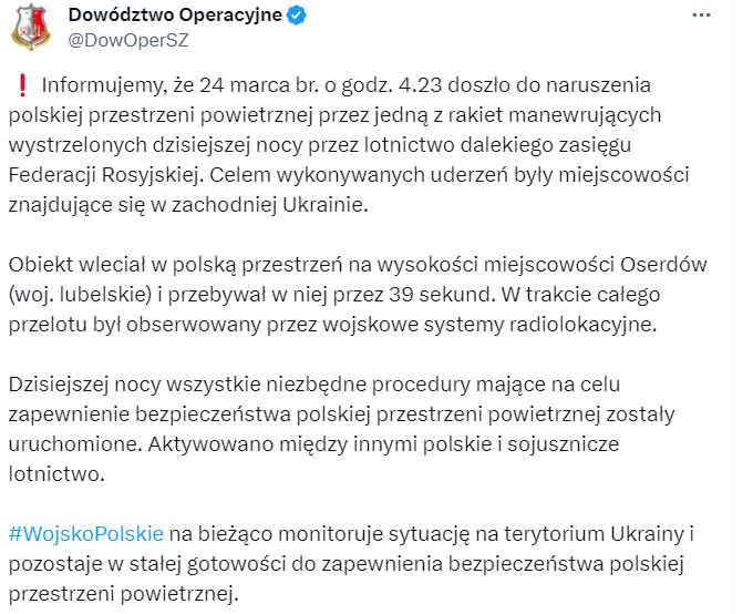 Міноборони Польщі повідомило, що ракета РФ залетіла в їх повітряний простір 24 березня
