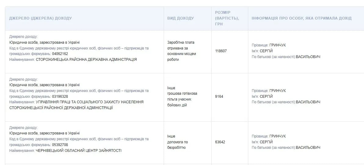 Скриншот декларації Сергія Гринчука