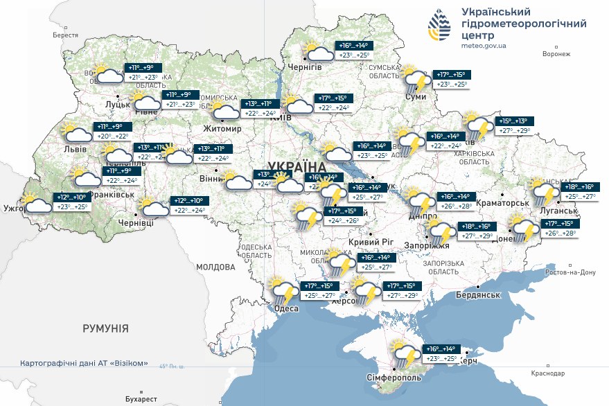 Мапа погоди в Україні на завтра суботу 23 травня 2026 року