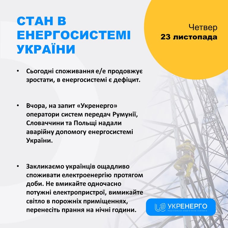 Стан в енергосистемі України 23 листопада