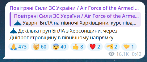 Скриншот повідомлення з телеграм-каналу "Повітряні сили ЗС України"
