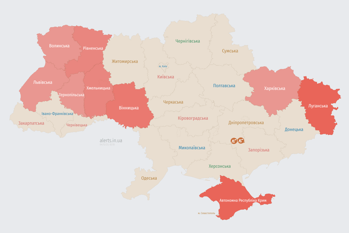 Мапа повітряних тривога в Україні сьогодні, 4 грудня