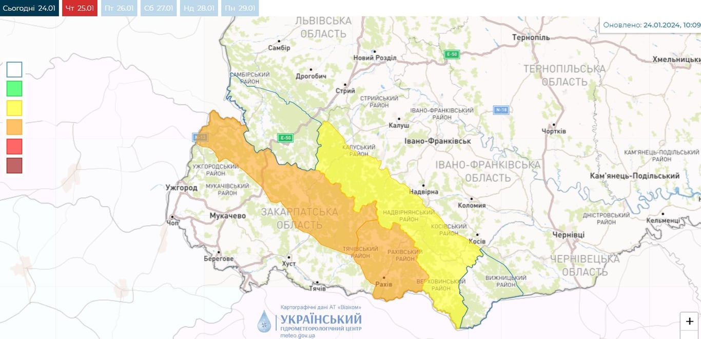 Карта снеголавинной опасности в Украине сегодня, 25 января, от Укргидрометцентра