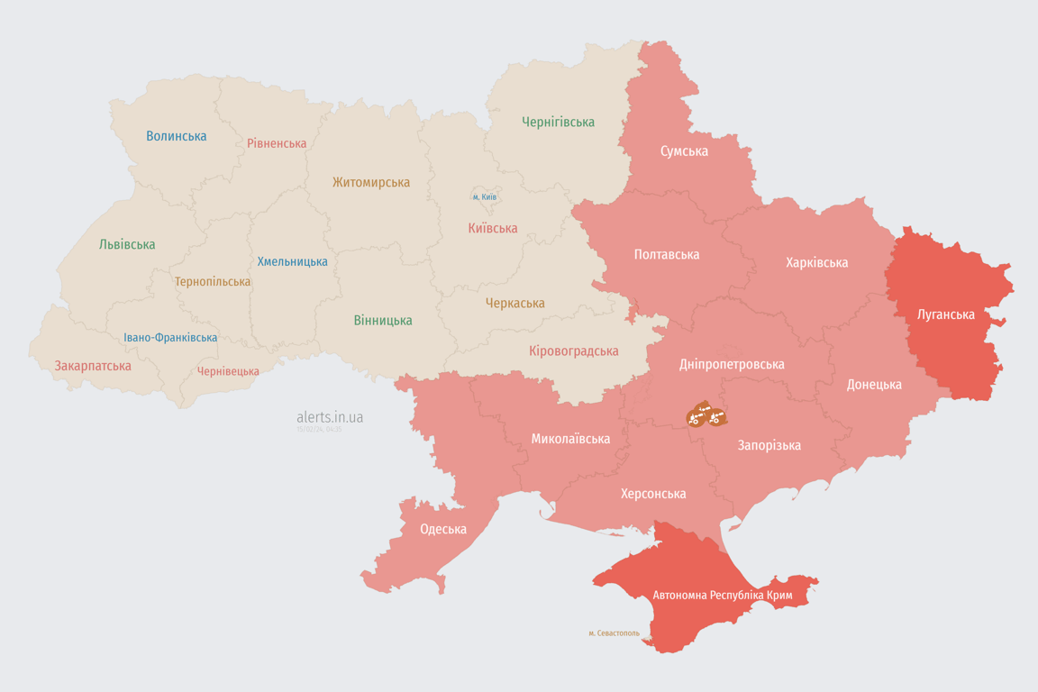 Карта воздушной тревоги в Украине 15 февраля