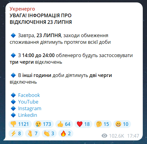 Коли не буде світла у Львівській області 23 липня