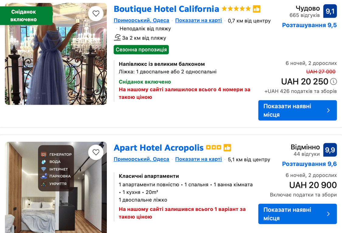 Вартість одеських готелів за тиждень. Фото: скриншот