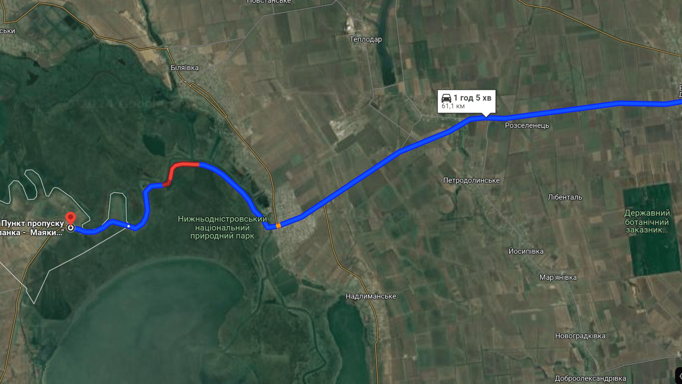 Затор у бік Паланки сьогодні, 27 квітня. Фото: Google Maps