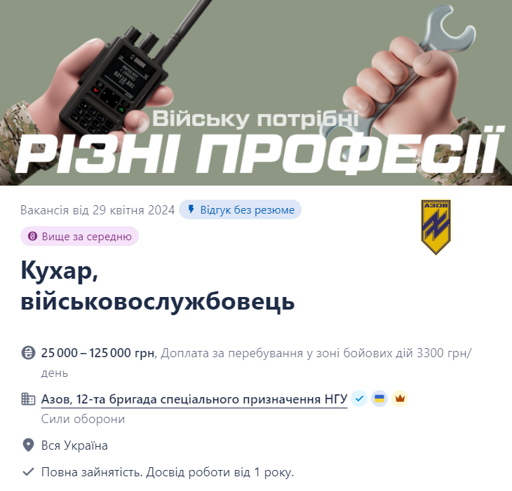 Вакансия повара в бригаде "Азов"