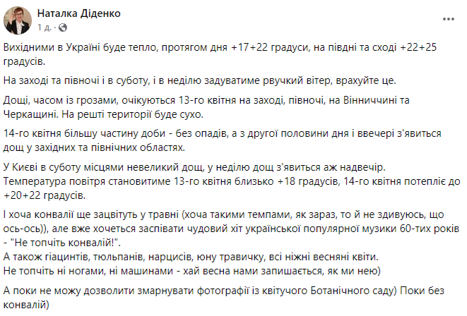 Допис Наталії Діденко. Фото: скриншот