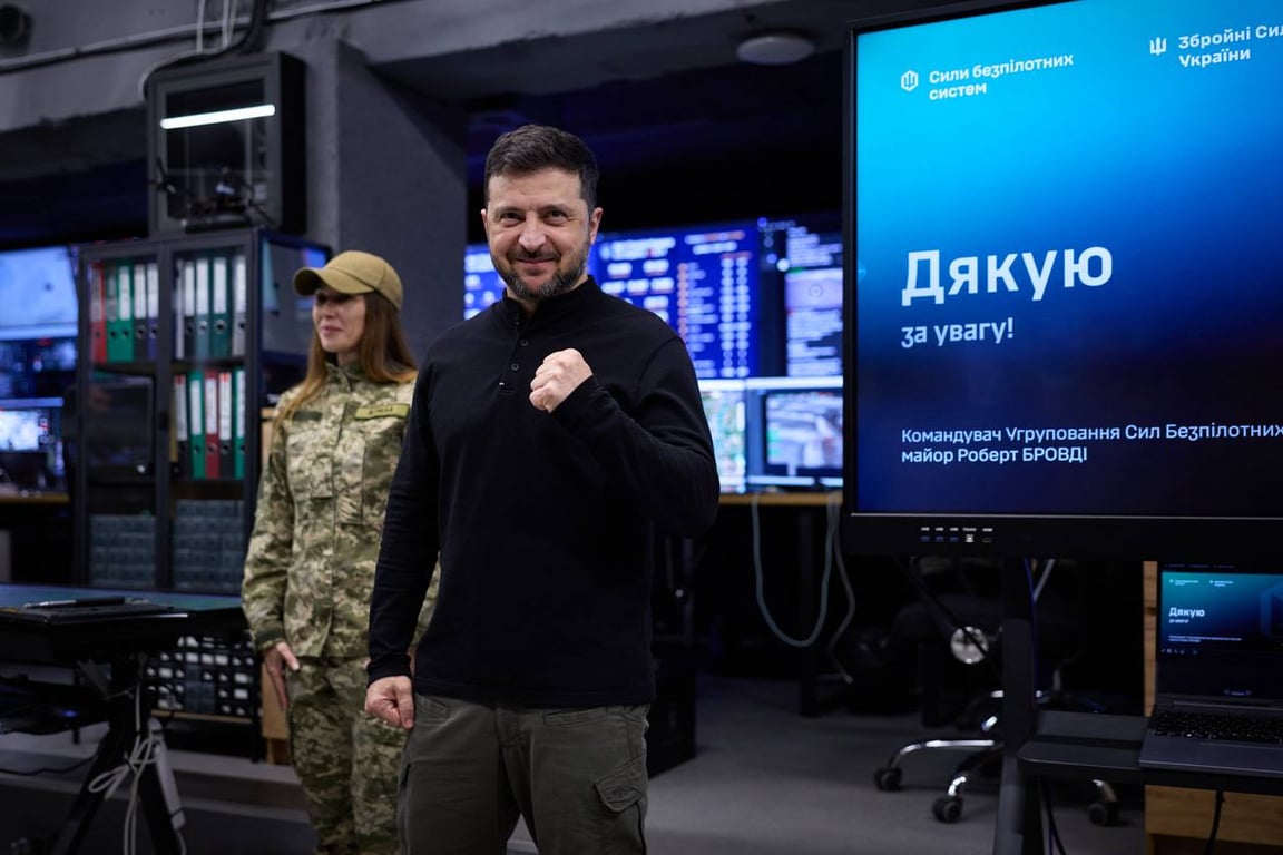 President Zelensky with soldiers of the 414th “Birds of Madyar” Brigade