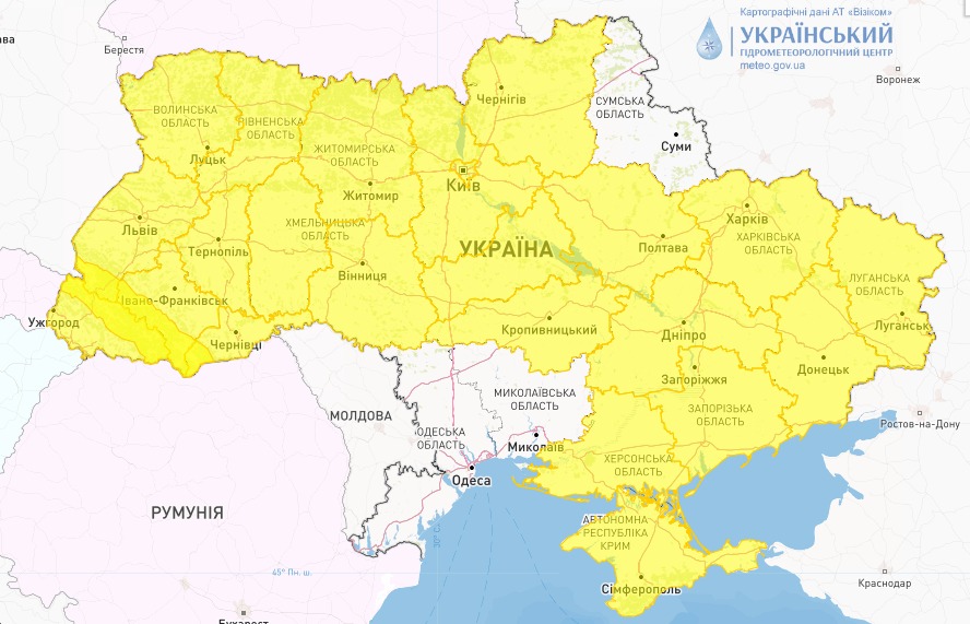 Мапа небезпечних погодних явищ в Україні 6 лютого від Укргідрометцентру