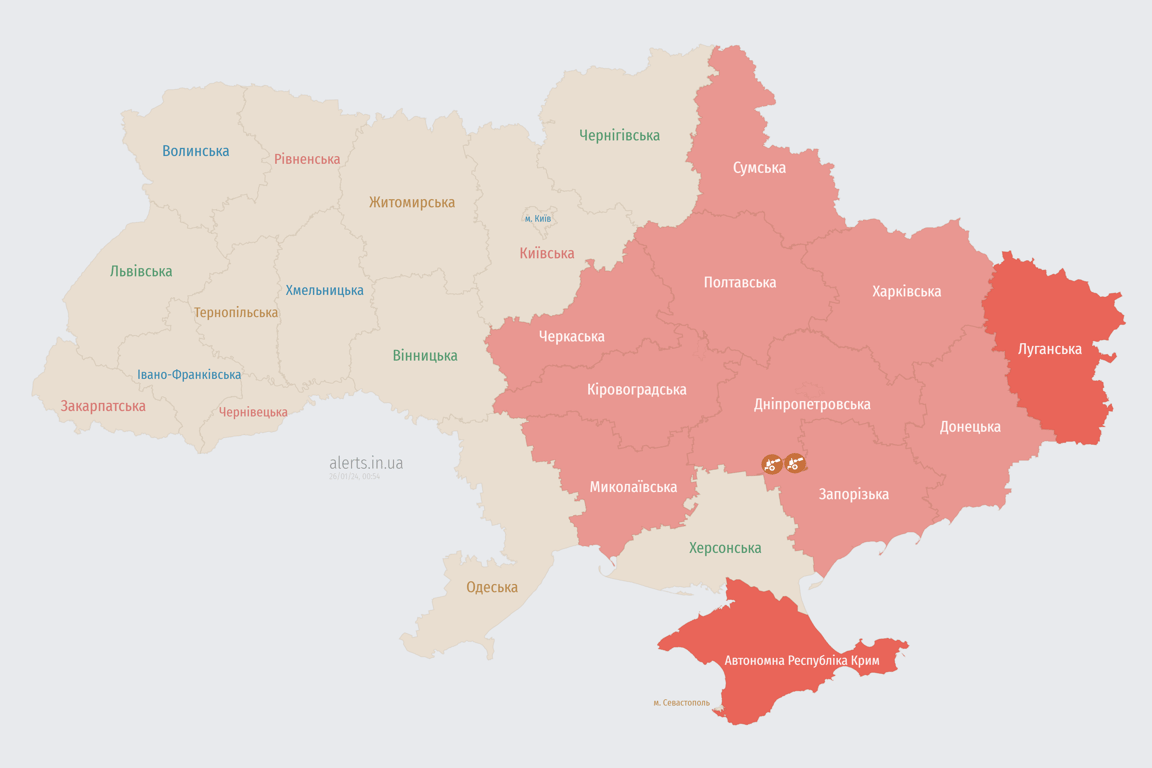 Мапа повітряної тривоги в Україні сьогодні, 26 січня