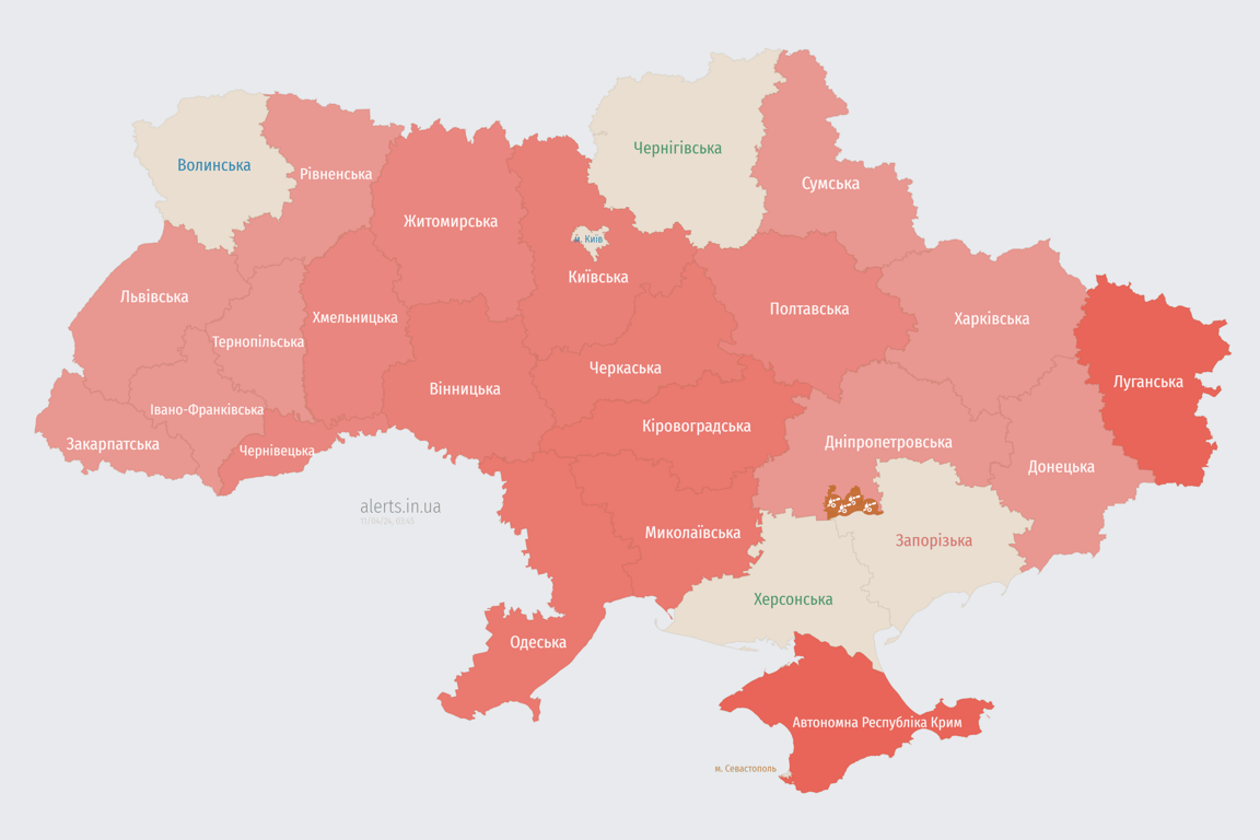 Мапа повітряної тривоги в Україні сьогодні, 11 квітня