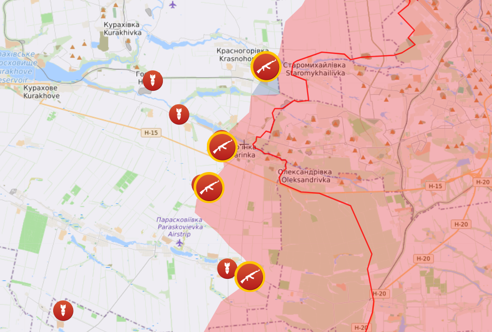 Карта боевых действий на Марьинском направлении от Liveuamap