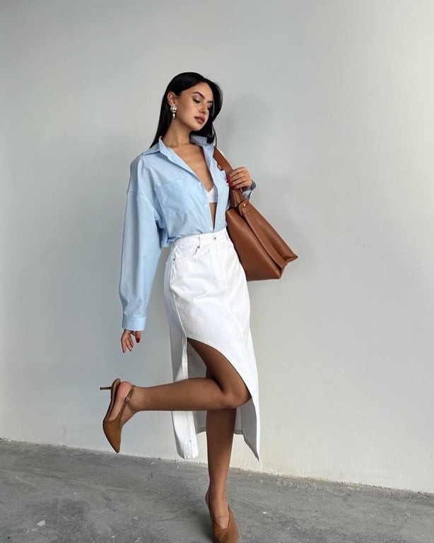 Outfit ideas featuring denim skirt