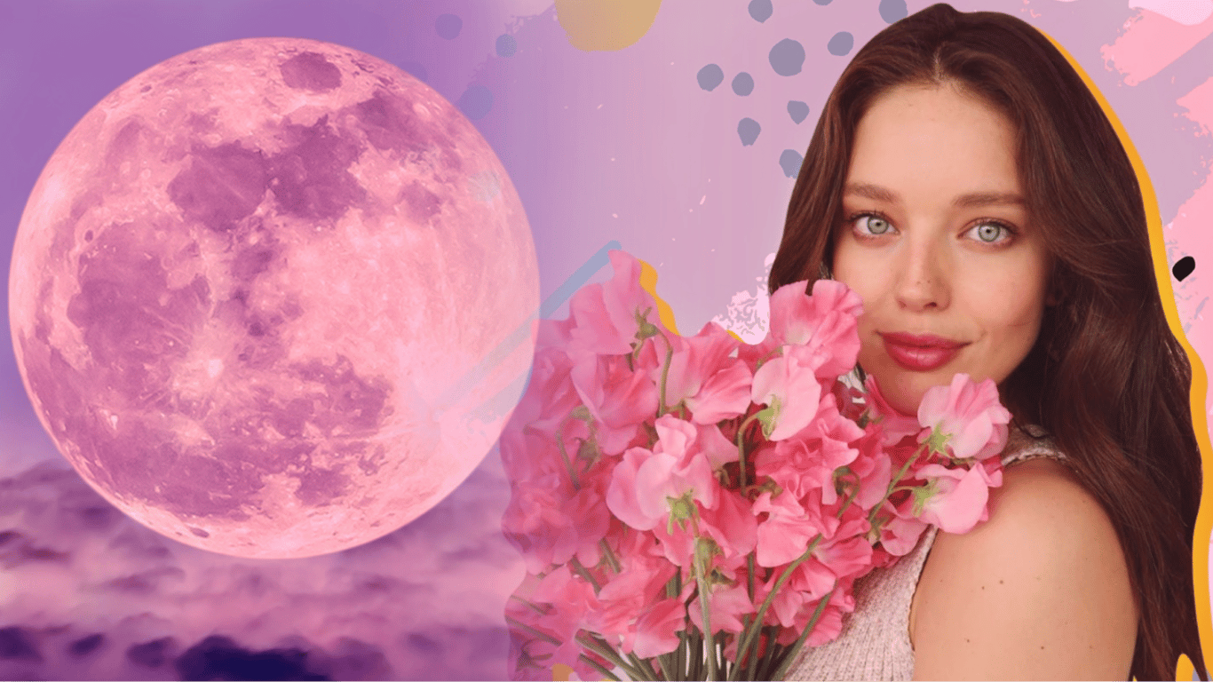 Повний Місяць, красива дівчина з квітами