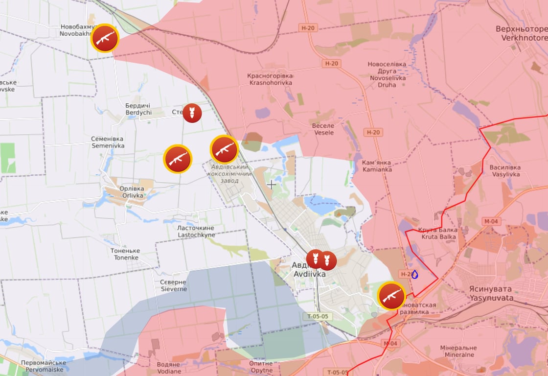 Карта боевых действий на Авдеевском направлении от Liveuamap