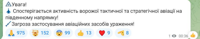 Попередження про активність ворожої тактичної та стратегічної авіації 