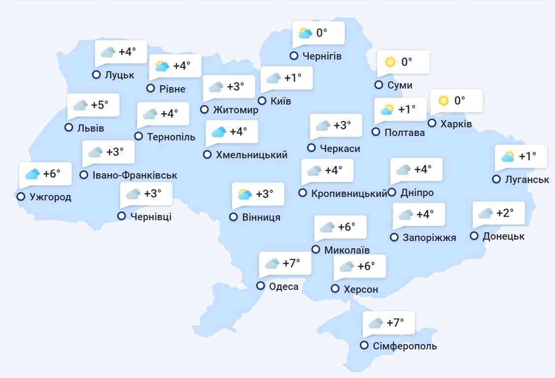 Карта погоды в Украине 18 ноября