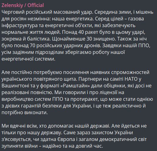 реакція Зеленського на ракетну атаку 15 січня