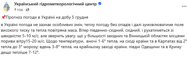 Прогноз погоди в Україні 5 грудня
